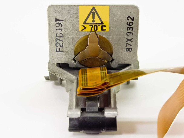 IBM 4208 printhead top/front face showing part number F27C19T, 87X9362, and caution label indicating surface temperature exceeds 70°C