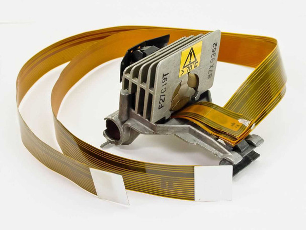 IBM 4208 dot matrix printhead with dual flat ribbon cables — three-quarter front view showing printhead body and extended cables