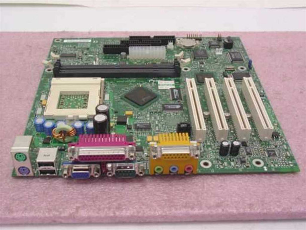 Intel CA810e A01986-306 PGA370 motherboard – front view showing PGA370 CPU socket, AGP slot, three PCI slots, and rear I/O panel with VGA, USB, PS/2, and audio ports