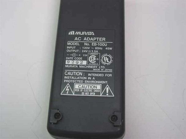 Murata EB-100U bottom label showing model number, 120V 60Hz 45W input, 24V 1.5A output, UL listing, Class 2 rating, date code 9202, Made in Japan