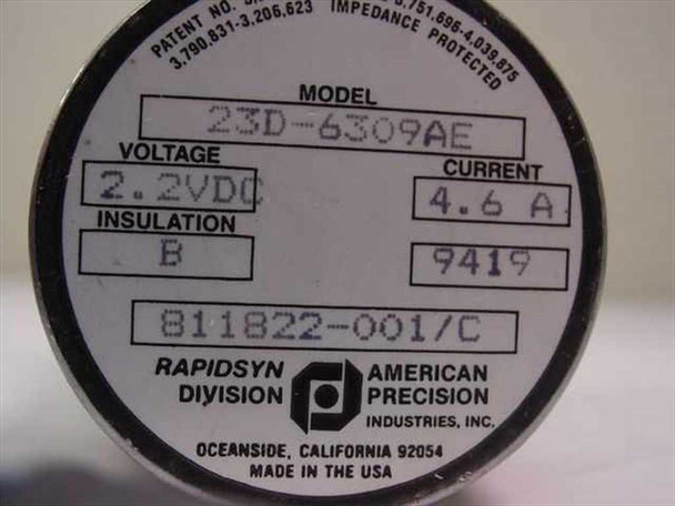 Rapidsyn 23D-6309AE stepper motor – end cap rating label showing model 23D-6309AE, 2.2VDC, 4.6A, Insulation Class B, date code 9419, part number 811822-001/C, Rapidsyn Division of American Precision Industries, Made in USA