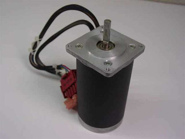 Rapidsyn 23D-6309AE NEMA 23 stepper motor – front-left view showing 1/4" output shaft, square aluminum flange, black motor body, and attached red multi-pin connector with braided wiring harness