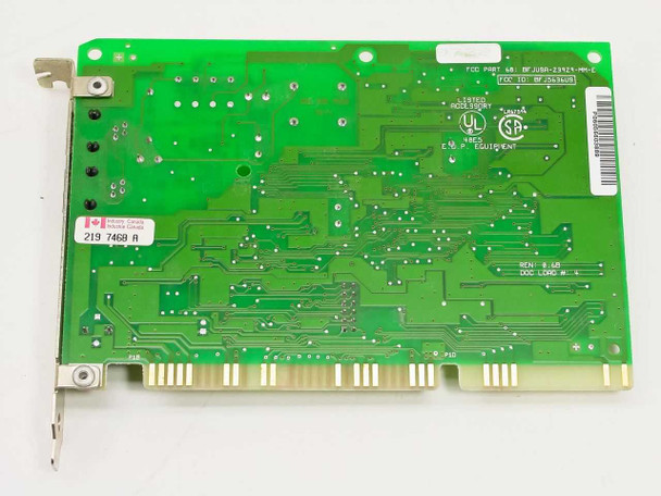 Practical Peripherals 08-02762 ISA modem — solder side showing FCC ID label, UL/CSA markings, and 16-bit ISA edge connector