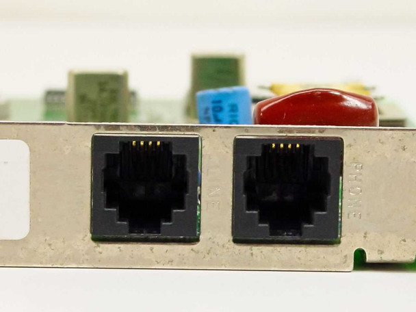 Practical Peripherals 08-02762 modem bracket close-up showing dual RJ-11 phone line ports (Line and Phone jacks)