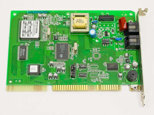Practical Peripherals 08-02762 56K ISA internal modem — component side showing main modem chipset, transformer, and RJ-11 bracket connectors