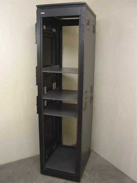 Winstead 90-inch black 19-inch rackmount cabinet front-left view, door open showing 4 shelves and vented side panels