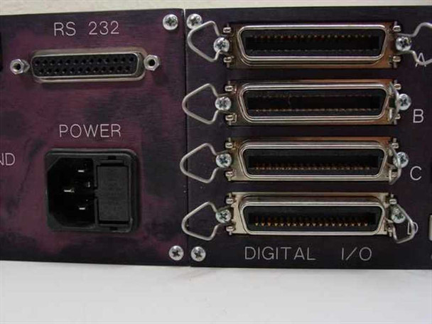 Computer Concepts 4624 rear panel closeup showing RS-232 DB25 port, IEC power inlet, and four Centronics Digital I/O connectors labeled A, B, C