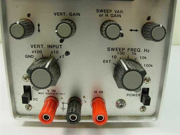 Leader LBO-310A oscilloscope — close-up of front panel controls showing Vert Gain, Sweep Var H Gain, Vert Input attenuator switch, Sweep Freq Hz selector, and V In H In banana jacks