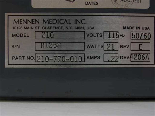 Mennen Medical 210-770-010 Model 210 Control Box — close-up of rating plate showing Model 210, Part No. 210-770-010, 115V, 50/60Hz, 21W, 0.22A, Rev E, DEV 4206A, Made in USA