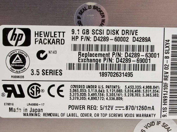 HP D4289-60002 drive label closeup — shows F/N D4289-60002, D4289A, Replacement P/N D4289-63001, 3.5 Series, Made in Japan, 5/12V power specs