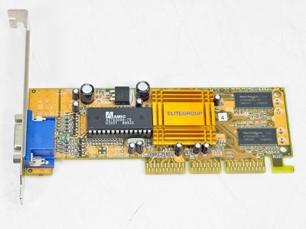 Elitegroup AG315E-32 SiS315 AGP video card – front view showing AMIC BIOS chip, orange SiS315 heatsink, Nanya SDRAM chips, and blue VGA port on bracket
