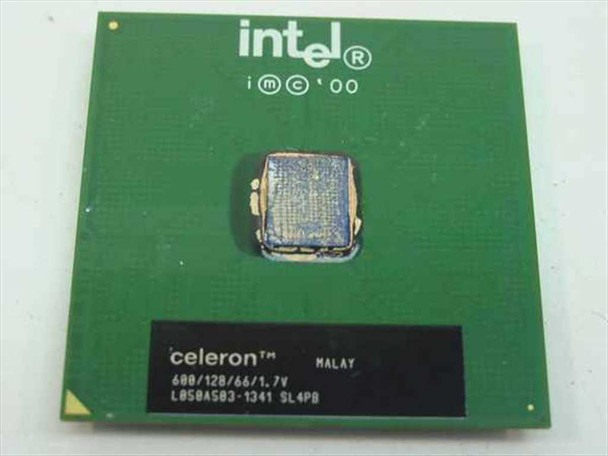 Intel SL4P8 Celeron 600MHz FC-PGA processor — top view showing Intel and Celeron markings, 600/128/66/1.7V spec label, SL4P8 S-spec