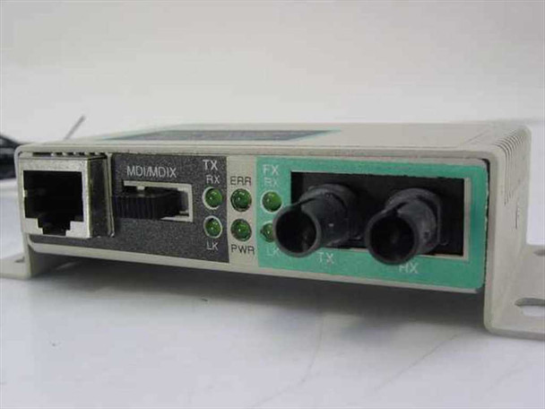 EtherCom EFM12N-T front panel showing RJ-45 MDI/MDIX port, dual ST fiber connectors, and LED status indicators