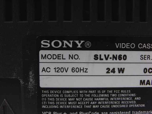 Sony SLV-N60 rating plate closeup — Model No. SLV-N60, AC 120V 60Hz 24W, FCC compliance label