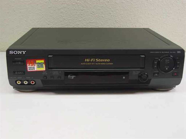 Sony SLV-N60 Hi-Fi Stereo VCR — front view showing Hi-Fi Stereo badge, tape door, 19-micron heads sticker, and front RCA AV inputs
