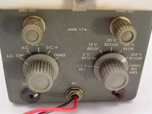 Heathkit V-7A front panel — MODEL V-7 A label, function selector knob (AC/DC/Ohms), range selector knob (1.5V–1500V / RX1–RX1MEG), Zero Adj. and Ohms Adj. trimmer knobs, and two probe input jacks