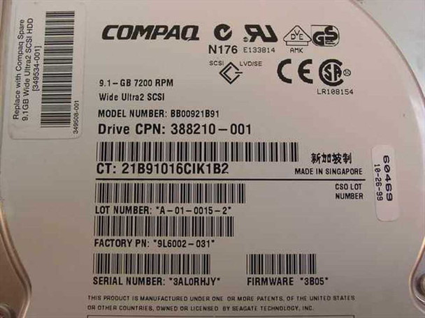 Compaq 349534-001 hard drive – top label close-up showing 9.1GB 7200RPM Wide Ultra2 SCSI, model BB00921B91, Drive CPN 388210-001, made in Singapore