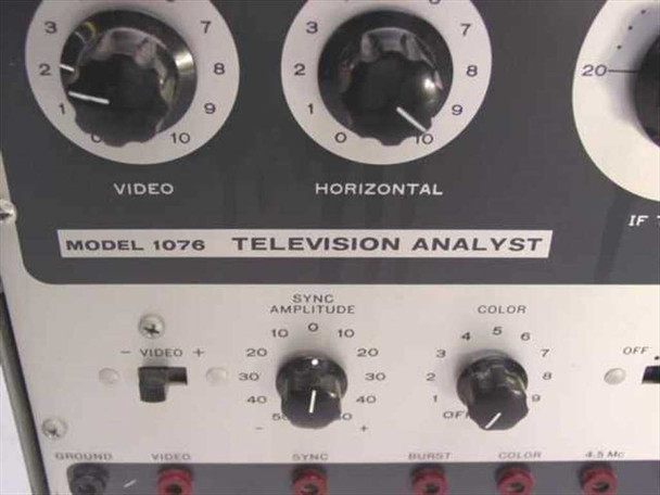 B&K 1076 Television Analyst front panel detail showing Video, Horizontal, Sync Amplitude, Color controls and output jacks including Ground, Video, Sync, Burst, Color, and 4.5 Mc