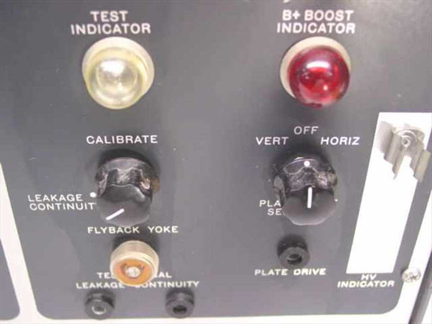 B&K 1076 Television Analyst right-side panel detail showing Test Indicator, B+ Boost Indicator, Calibrate knob, Flyback Yoke selector, and Plate Drive controls