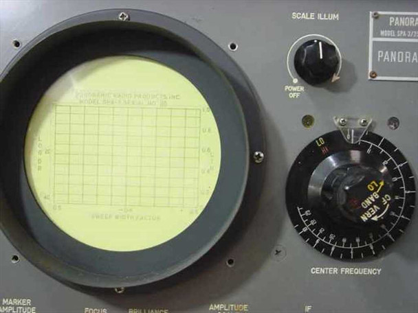 Panoramic SPA-3/25 CRT display close-up with graticule grid and Center Frequency tuning dial visible