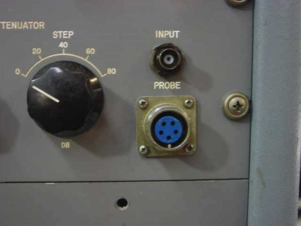 Panoramic SPA-3/25 right-side panel detail showing Step Attenuator knob, BNC RF Input connector, and blue 5-pin circular Probe connector