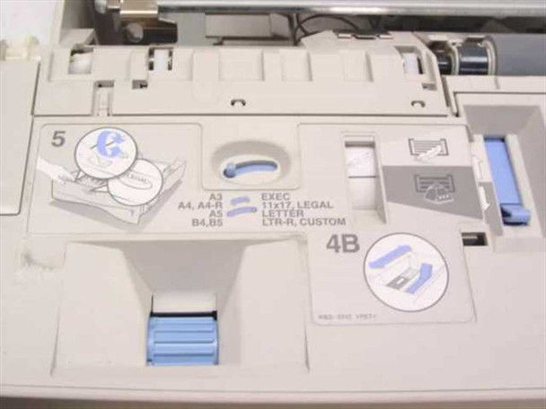 HP C4111A paper tray interior close-up showing size adjustment diagram with labels: A3, A4, A4-R, A5, B4, B5, Exec, 11x17, Letter, Legal, LTR-R, Custom — step 5 and step 4B guide labels visible