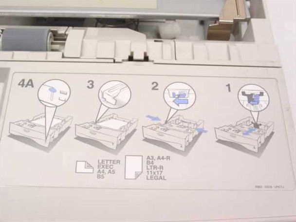 HP C4111A paper tray interior close-up showing step-by-step size configuration diagram (steps 1–4A) for Letter, Exec, A4, A5, B5, A3, A4-R, B4, LTR-R, 11x17, Legal paper sizes