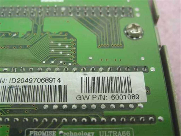 Promise Ultra66 controller card PCB underside showing barcode label with serial number ID20497068914 and Gateway part number GW P/N 6001089