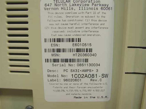 Telular SX3I label showing model 1C02A081-SW, ESN E6010515, MSN HT20360340, Serial OBS1130034, Rev. C, Made in USA