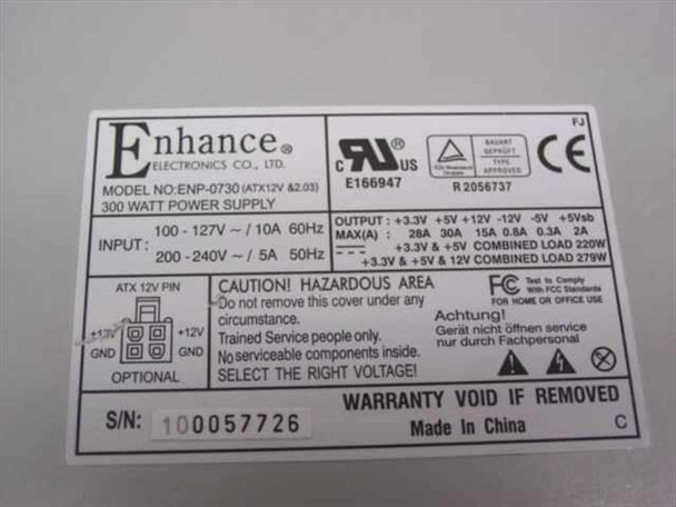 Enhance Electronics ENP-0730 label showing model number, 300W rating, dual voltage input 100-127V/200-240V, and output specifications
