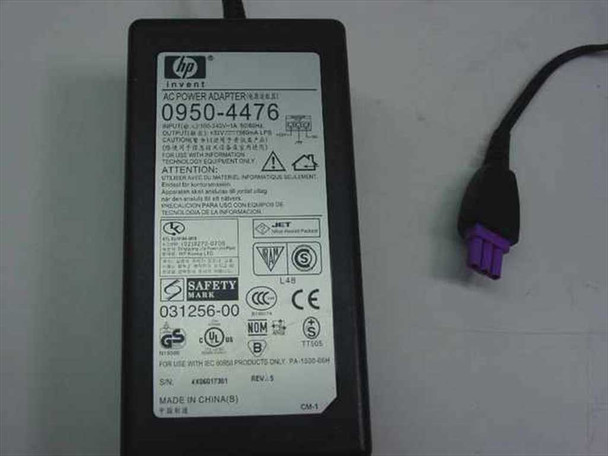 HP AC power adapter 0950-4476 label showing input 100-240V AC 50/60Hz, output +32V 1560mA, manufactured in China, with purple barrel connector