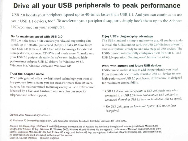 Adaptec USB2Connect product literature insert – rear panel describing USB 2.0 features, Windows 98/2000/XP compatibility, and Mac support; stock number 513816-00 Rev A printed in Singapore