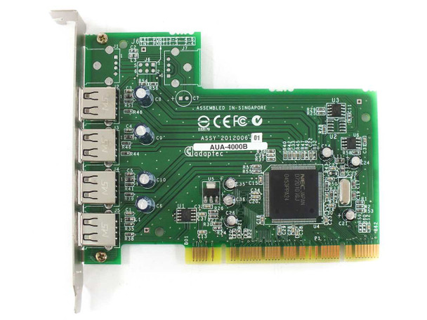 Adaptec AUA-4000B PCI card – top-down view showing AUA-4000B silkscreen label, Adaptec logo, and four USB 2.0 ports