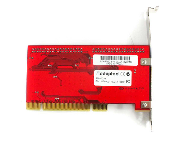 Adaptec ASH-1233 PCB rear/solder side showing label: P/N 2126900 Rev A 0432, Made in Taiwan, FCC and CE marks