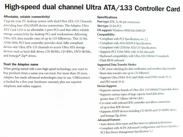 ASH-1233 product spec sheet showing dual-channel Ultra ATA/133 specifications, compatibility, supported transfer modes, and advanced features
