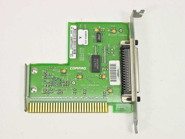 Compaq 273773-001 8-bit ISA SCSI expansion card – top component side showing Compaq logo, SCSI EXPANSION label, and external SCSI port bracket