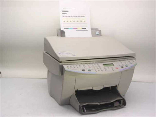 HP OfficeJet G85xi all-in-one printer front view with test print page loaded in ADF and output tray extended