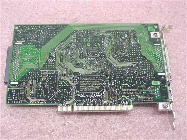HP 5064-2607 PCI combo card – solder side showing HP logo, replacement P/N 5064-1802 label, and PCI edge connector