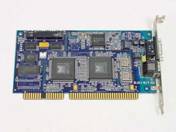 Madge Blue+ 16/4 ISA Token Ring card – component side top-down view showing dual large controller ICs, crystal oscillator, and ISA edge connector; 'BLUE+ 16/4 ISA' silk-screen visible