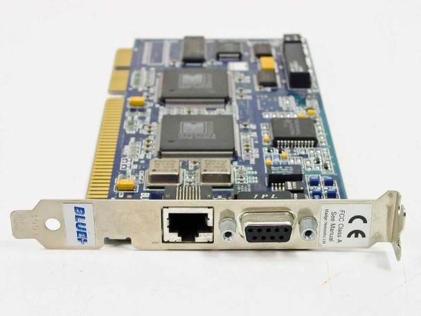 Madge Blue+ 16/4 ISA Token Ring adapter – angled front-bracket view showing RJ-45 port, DB9 port, and CE mark label on bracket