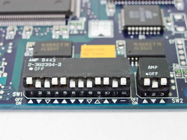 Madge Blue+ 16/4 ISA Token Ring Card — close-up of DIP switch banks SW1 and SW2 and AMP connector ICs on PCB