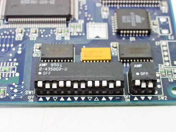 Madge Blue+ 16/4 ISA Token Ring Card – close-up of DIP switch banks SW1 and SW2 and AMP connector IC on PCB