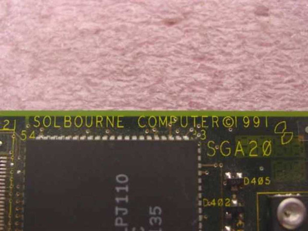 Solbourne SGA20 PCB edge close-up showing 'SOLBOURNE COMPUTER © 1991' and 'SGA20' silkscreen markings