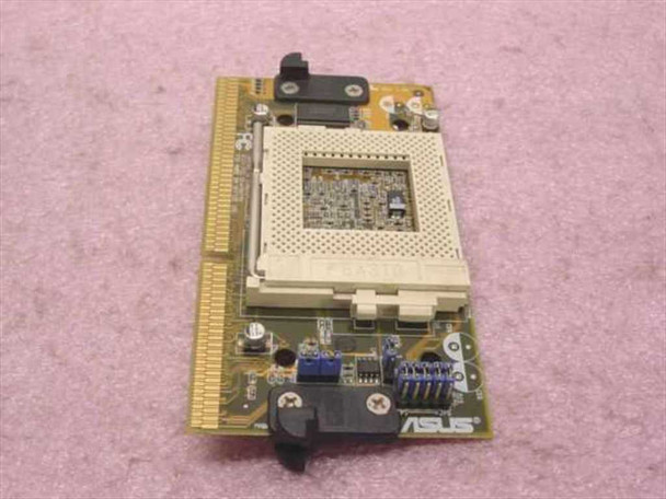 ASUS S370-DL processor board angled rear view showing ASUS logo, blue capacitors, and Slot 1 card connector