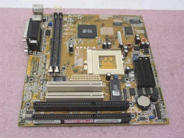 Asus SPAX-M Socket 7 system board – top-down view showing SPAX-M silkscreen, Socket 7 ZIF socket, SIMM slots, PCI slots, ISA slots, and integrated chipset IC
