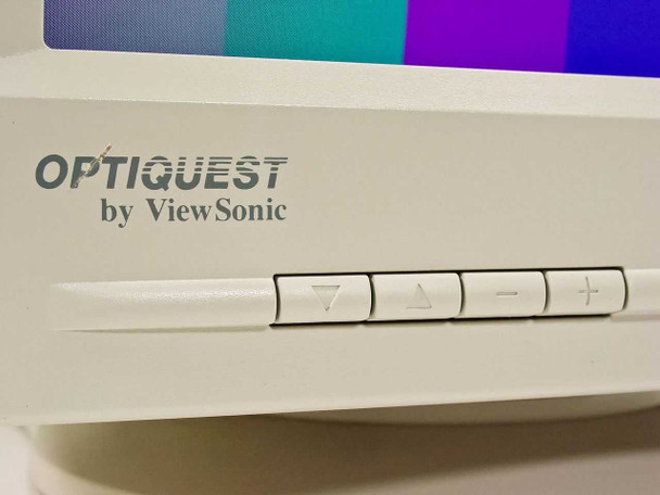 Optiquest by ViewSonic V655-2M — close-up of front bezel logo and four OSD control buttons (menu, select, minus, plus)