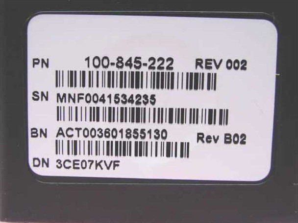 EMC carrier label close-up: PN 100-845-222 REV 002, SN MNF0041534235, BN ACT003601855130 Rev B02, DN 3CE07KVF