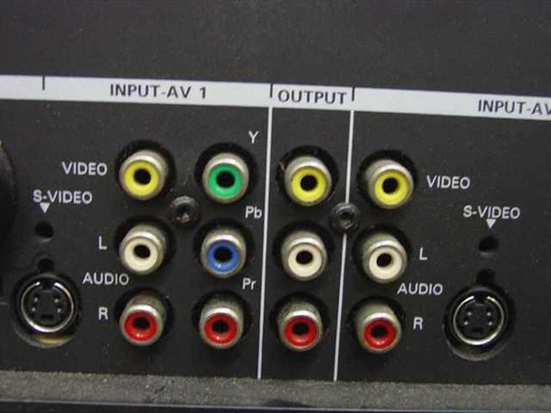 Philips 55PW9317 rear panel close-up — Input-AV1 composite and S-Video inputs, component Y/Pb/Pr jacks, and A/V output section