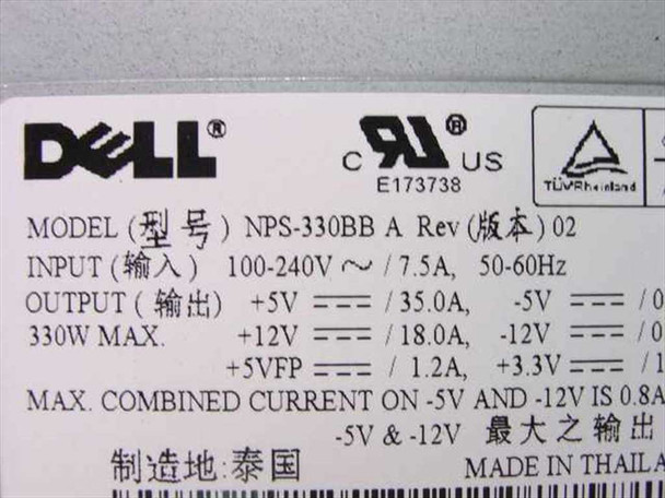 Dell NPS-330BB A Rev 02 330W power supply label showing 100-240V input and output ratings