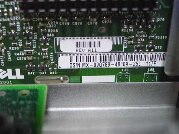 Dell PowerEdge 2550 motherboard REV A11 label and DS/N MX-09G788-48109-25L-117P barcode close-up